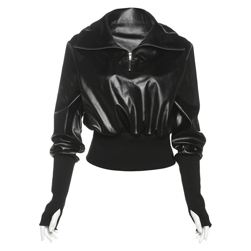 Winter Slim Short Patchwork Sweatshirt Color Faux Leather Zipper Top