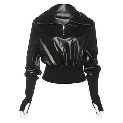Winter Slim Short Patchwork Sweatshirt Color Faux Leather Zipper Top