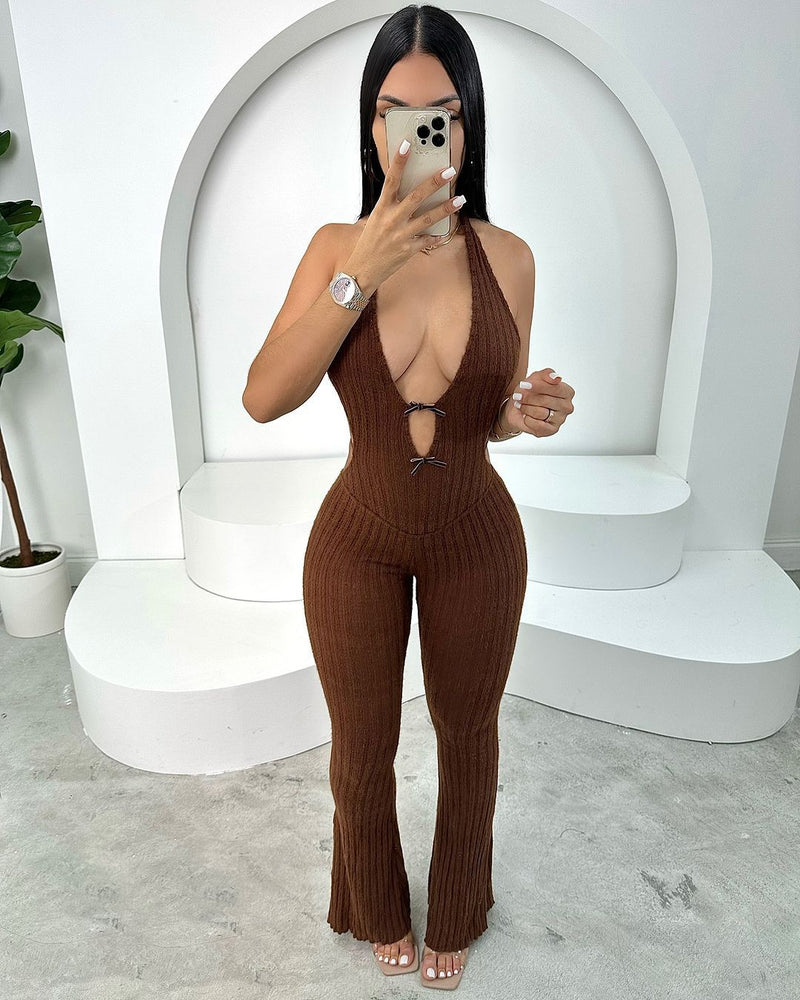 Summer Halter Slim Fit Lace Up Backless Jumpsuit Bell Bottom Pants Jumpsuit