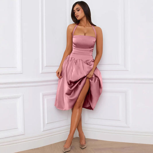 Autumn Winter Lace Up Backless Midi Dress Halter Sleeveless Dress