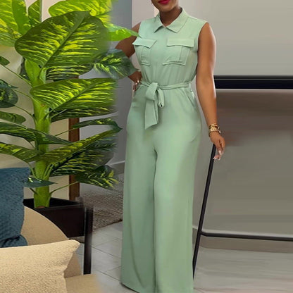 Clothing Summer Polo Collar Pocket Waist Trimming Loose Wide Leg Sleeveless Jumpsuit