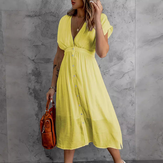 Summer Double Layer Tulle Color Dress Deep V Plunge Short Sleeve Waist Controlled Maxi Dress