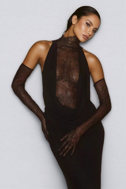 Lazze Black Plunge Cowl Neck Maxi Dress