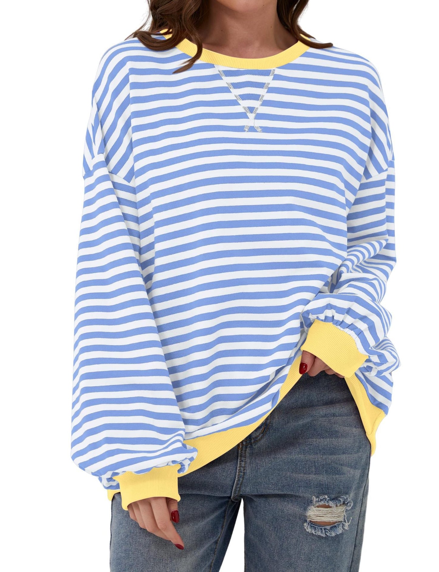 Striped Round Neck Loose Long-sleeved Sweatshirt