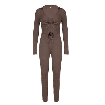 Sports Street Clothing Color Polo Collar Pleated Drawstring Lace Up Tight Long Sleeve Jumpsuit Skinny Pants
