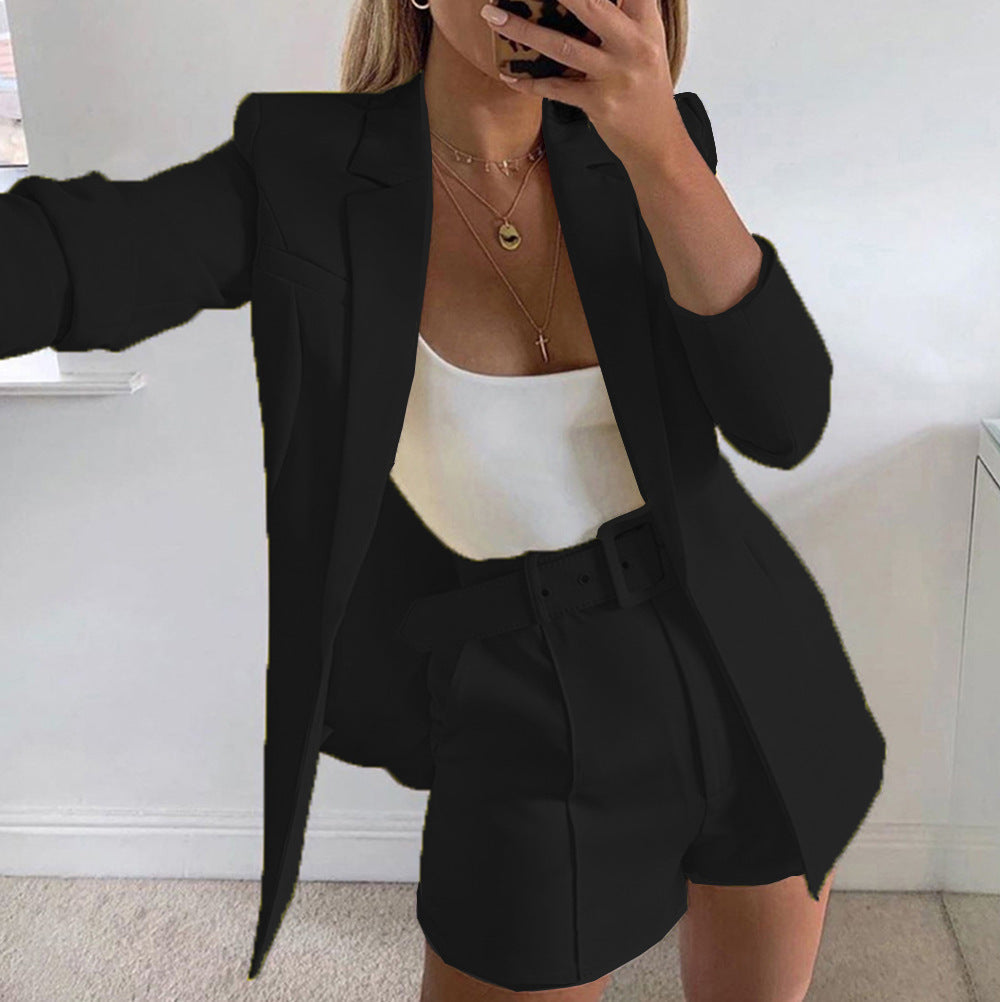 Top Shorts Suit With Belt Polo Collar Cardigan