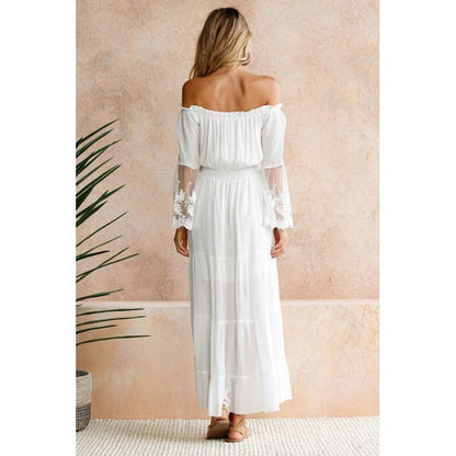 Off Shoulder Lace Patchwork Flared Sleeves Dress Maxi Dress