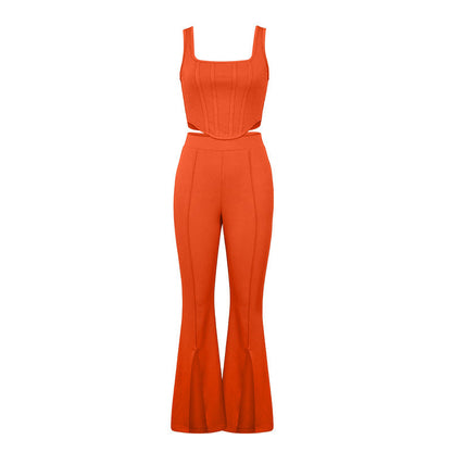 Summer Pants Suit Color Office Sleeveless Vest Split Trousers Two Suits