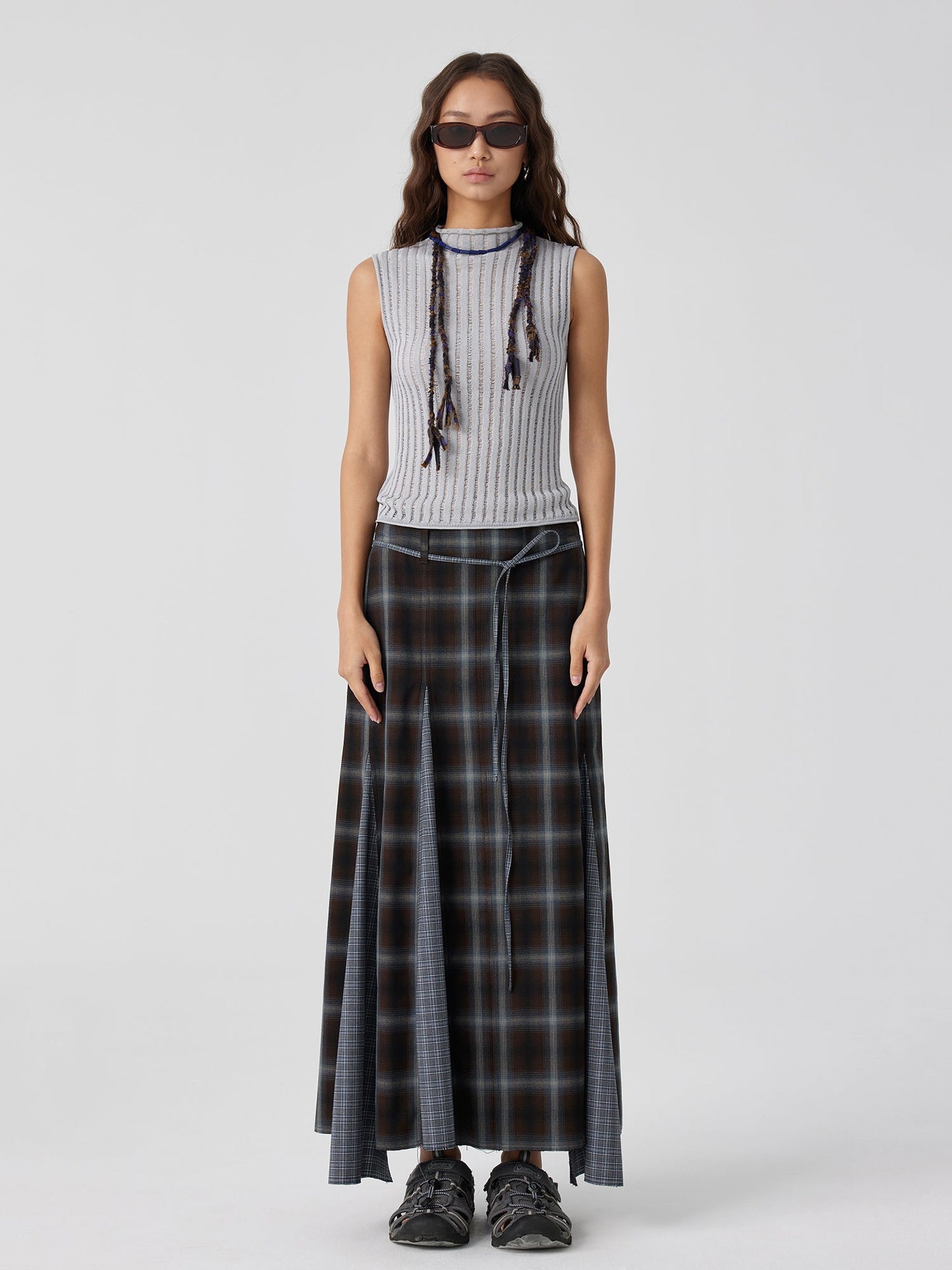 Plaid Asymmetric Panel Mermaid Long Skirt
