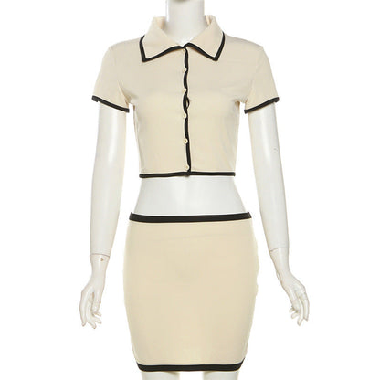 Spring Summer Wear Short Sleeved Cardigan Collared Sheath Skirt Set Skirt