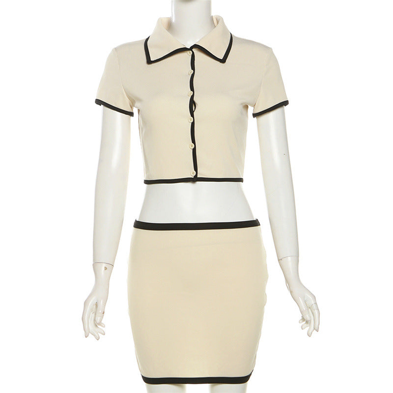 Spring Summer Wear Short Sleeved Cardigan Collared Sheath Skirt Set Skirt