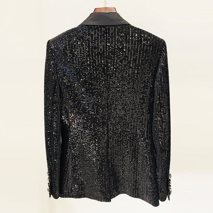 Goods Gold Velvet Sequined Double Breasted Blazer Slim Fit Skinny Pants Set