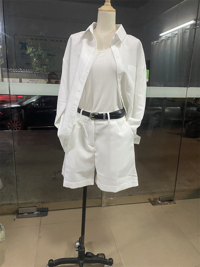 Color Long Sleeve Shirt Belt Shorts Set