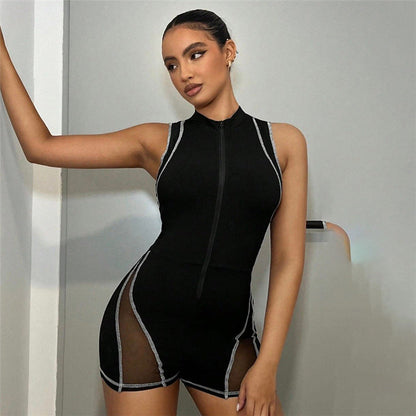 Clothing Autumn Winter Round Neck Zipper Sleeveless Stitching See Through Tight Hip Lifting Jumpsuit