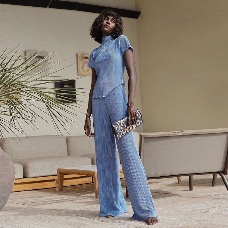 Spring Slimming T Shirt High Waist Blue Pleated Wide Leg Pants Clothing Suit