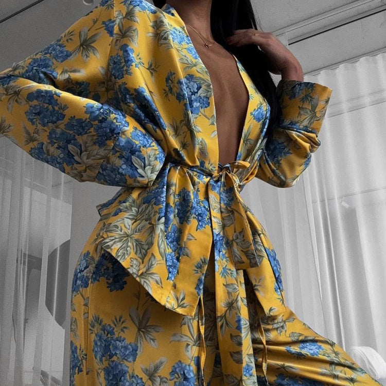 Autumn Winter Satin Printed Long Sleeve Lace Up Two Piece Set High Waist Wide Leg Pants Set