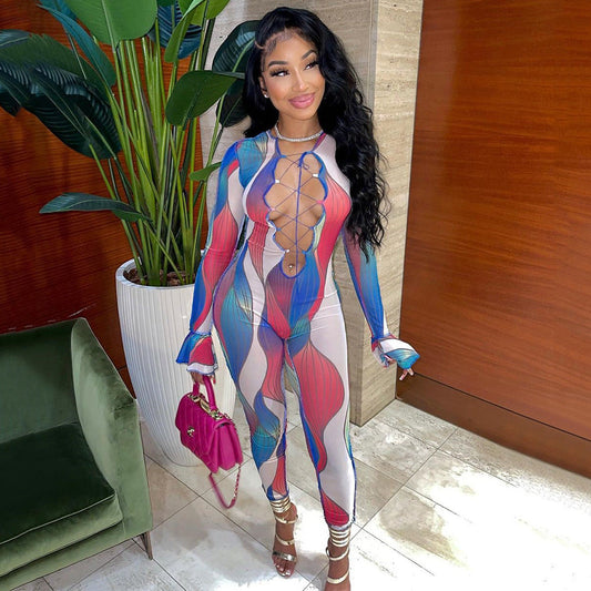 Autumn Mesh See Through Tied Long Sleeves Jumpsuit