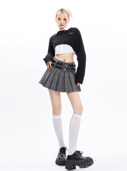 Plaid Pleated Mini Skirt With Double Buckle Belt