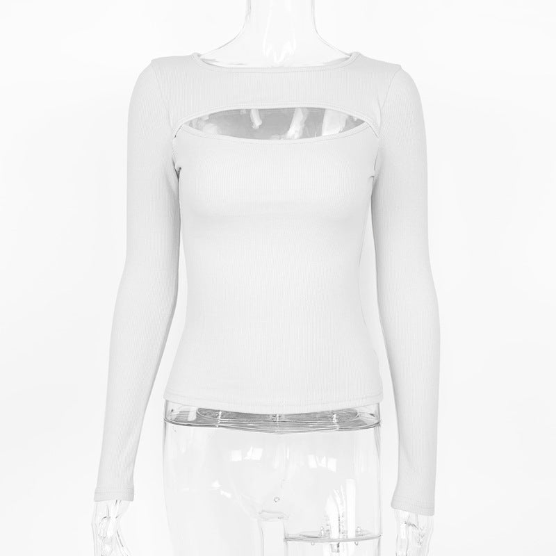 Clothing Autumn Winter Chest Hollow-out Long-sleeved Top Stretch Rib T-shirt for