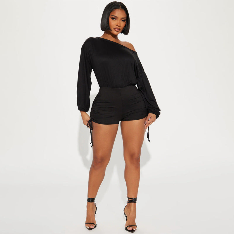 Wear Off Shoulder Off Shoulder Long Sleeve Pleated Drawstring Fitted Waist Jumpsuit
