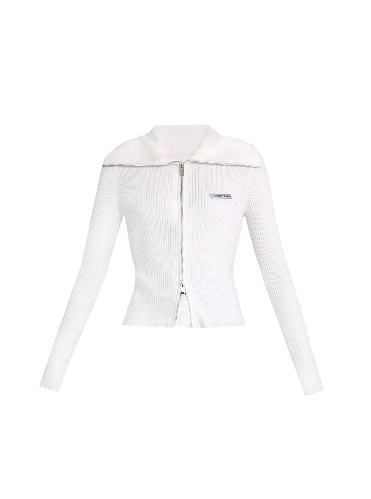 Ribbed Zip-front Cropped Cardigan - Fitted Long Sleeve Knit Top