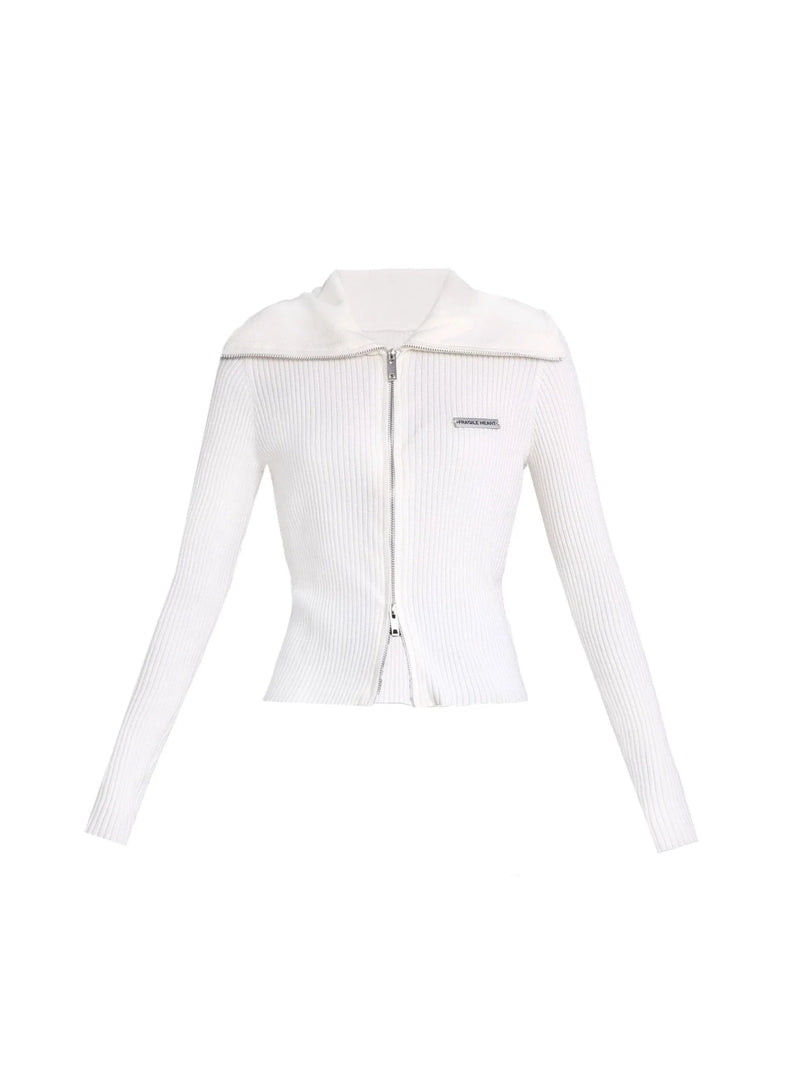 Ribbed Zip-front Cropped Cardigan - Fitted Long Sleeve Knit Top