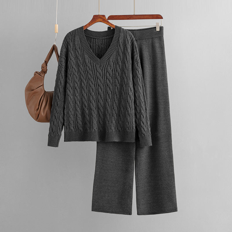Fashionable Wide Leg Pants Sweaters Clothing Autumn Winter Two Piece Suit Twist V Neck Knitting Suit