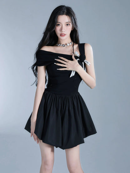 Off-shoulder Black Mini Dress With Contrast Bow Detail