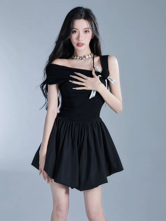 Off-shoulder Black Mini Dress With Contrast Bow Detail