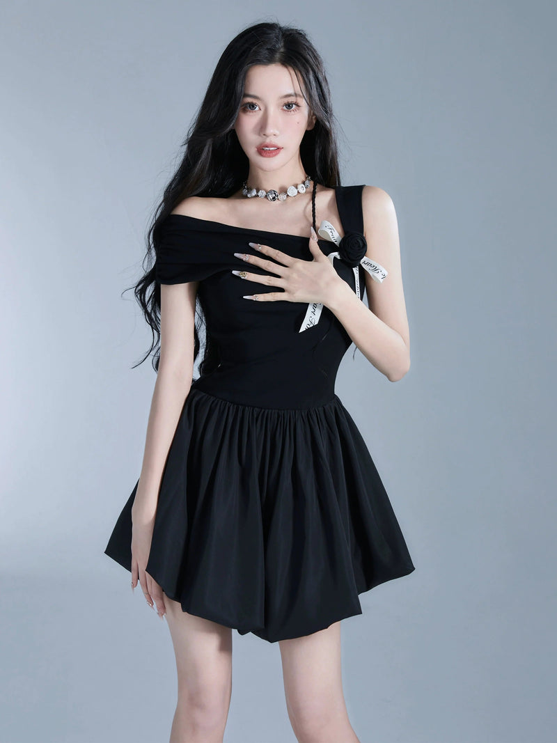 Off-shoulder Black Mini Dress With Contrast Bow Detail