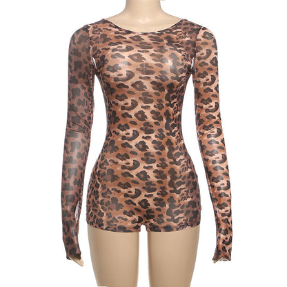 Spring Clothing Horn Long Sleeve Contrast Color Leopard Print Backless Siamese Shorts