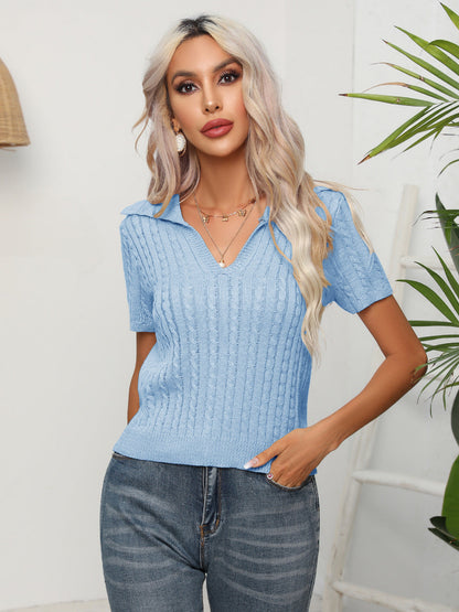 Twist Collared Short Sleeved Sweater Twisted Short Top Summer Clothing