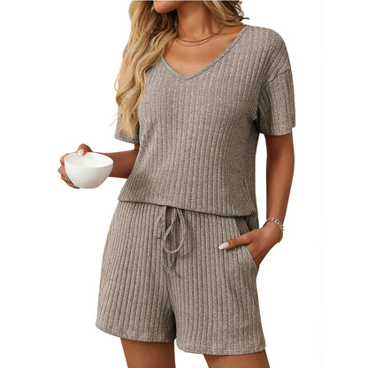 Clothing Summer Color Rib Fabric Short Sleeved Two Piece Pant Sets