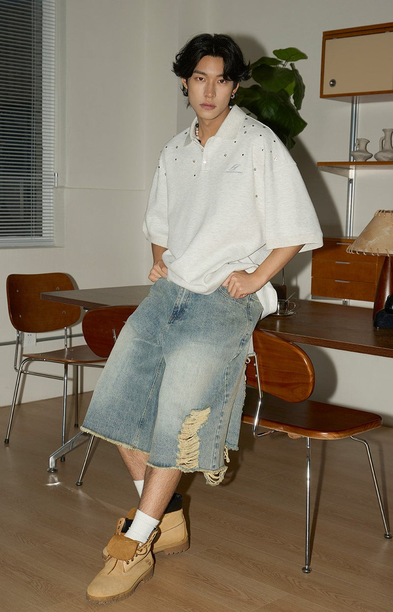 Distressed Wide Leg Denim Capri Cut Shorts