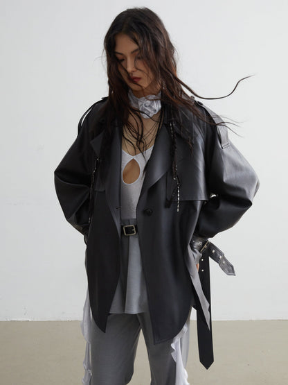 Matte Leather Short Coat With Slit Design