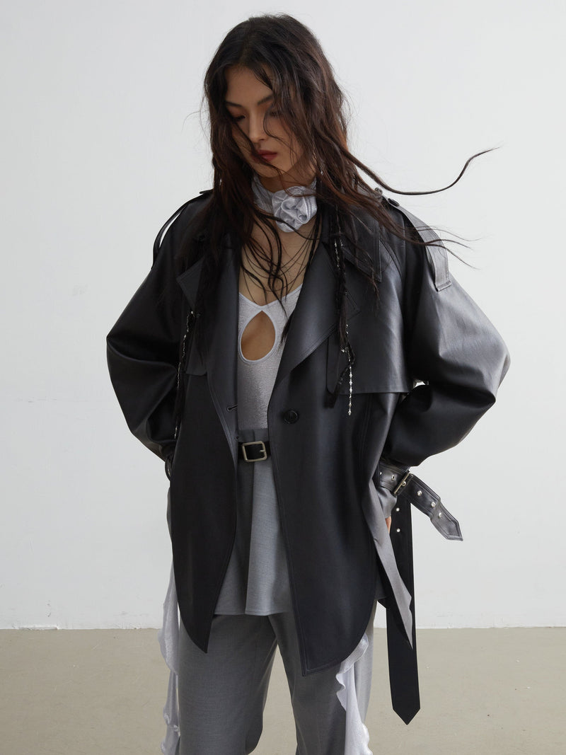 Matte Leather Short Coat With Slit Design
