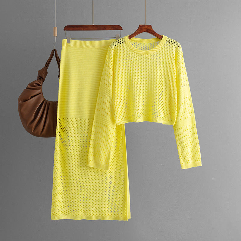 Summer Hollow Out Cutout Sweater Long Skirt Two Piece Set