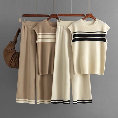 Suit Loose Contrast Color Striped Sleeveless Top High Waist Wide Leg Pants Two Piece Set