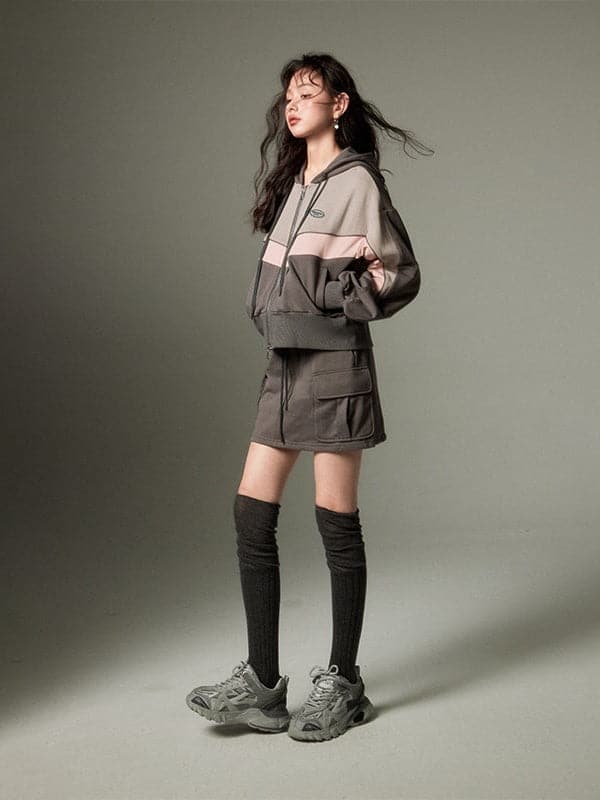 Sporty Zip-up Hoodie & Flared Skirt