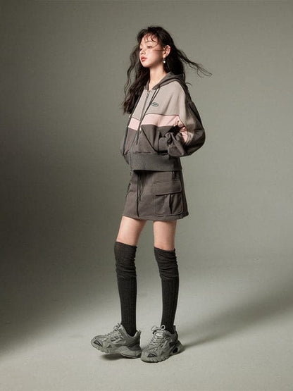 Sporty Zip-up Hoodie & Flared Skirt