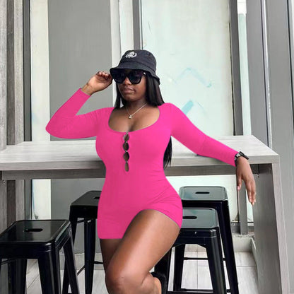 Jumpsuit Color Basic Hollow Out Cutout Slim Long Sleeve Jumpsuit