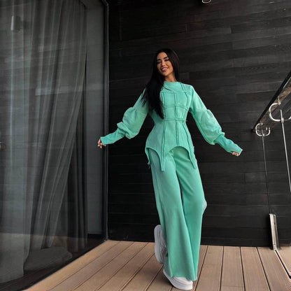 Color Hoodie Sets Round Neck Pullover Top Split Straight Pants Two Piece Sets