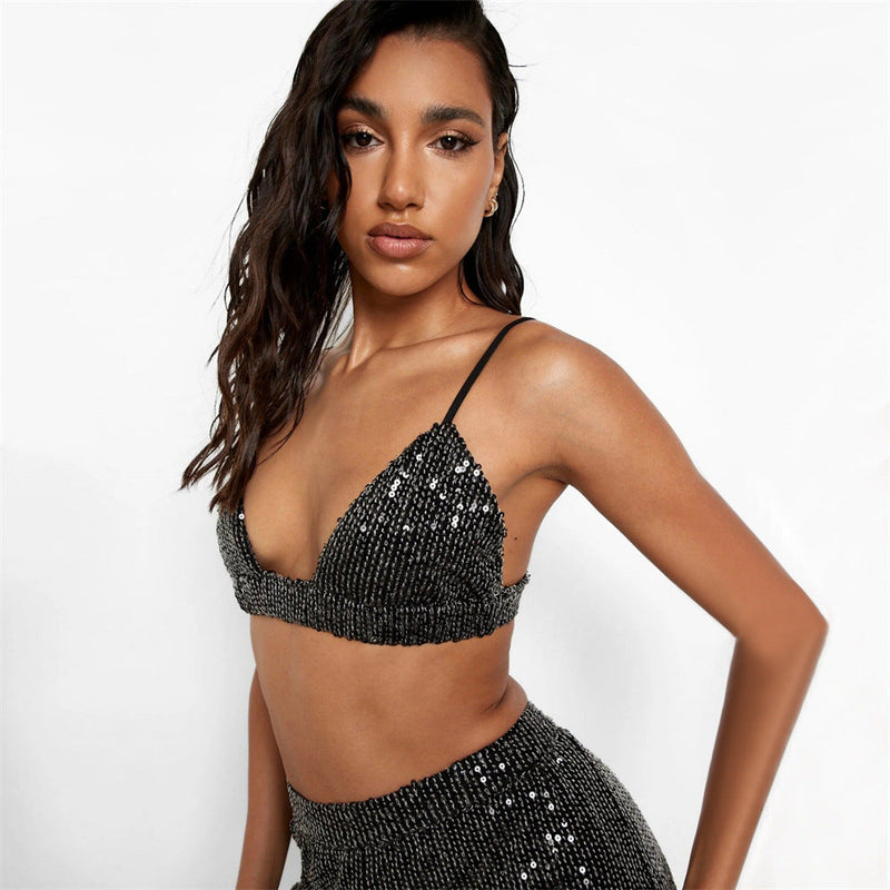 Sequined Long Sleeve Tops Shirt V Neck Vest Straight Leg Pants Three Piece Set Spring Summer Party Set