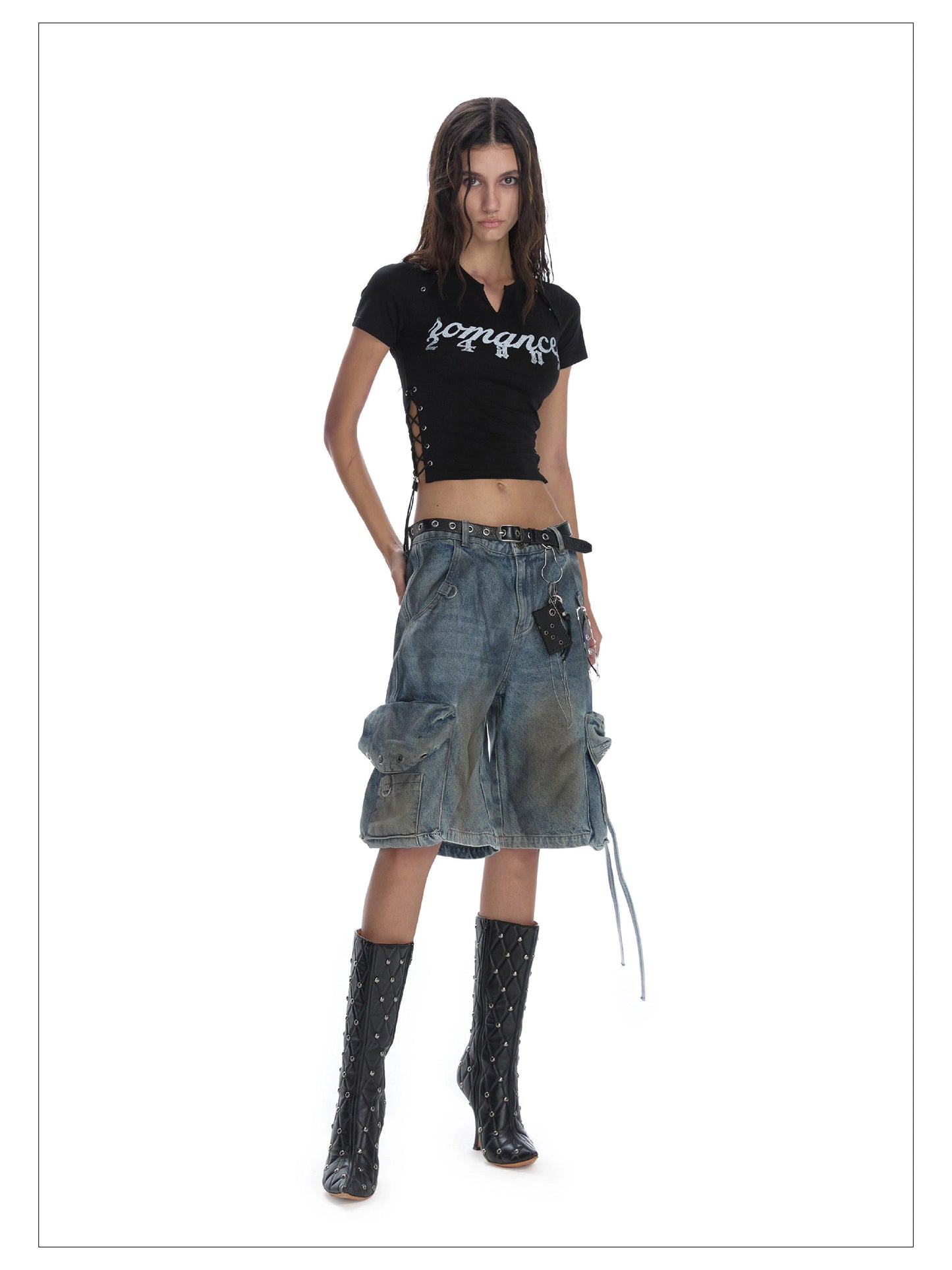 24ans Lace-up Graphic Crop Top - Short Sleeve Side-tie T-shirt