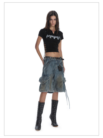 24ans Lace-up Graphic Crop Top - Short Sleeve Side-tie T-shirt