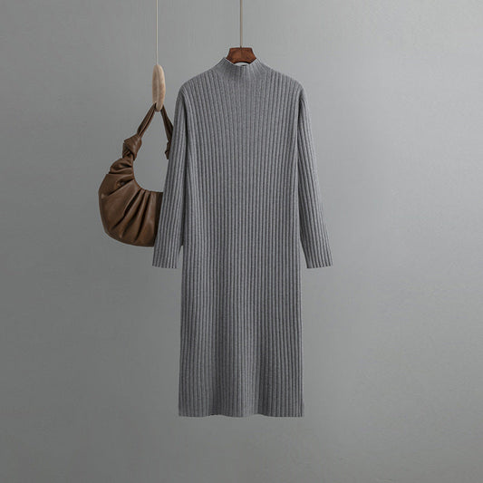 Knitted Bottoming Dress, Autumn Winter Half High Collar Mid Length Dinified Sweater Over the Knee