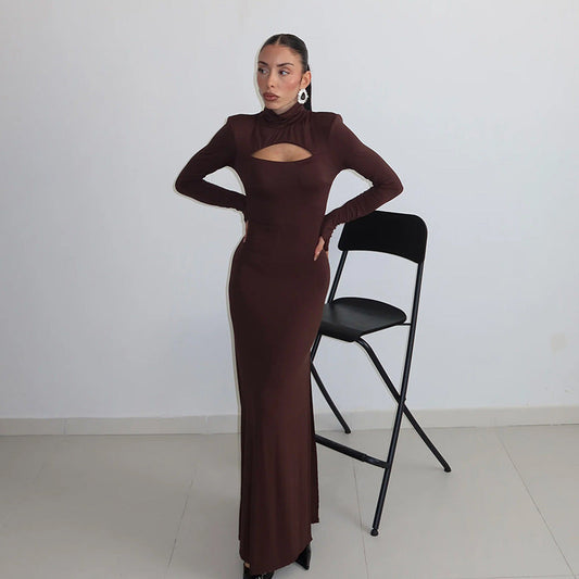 Autumn Winter Chest Hollow Out Cutout Out Long Sleeve Slim Fit Color Dress Maxi Dress