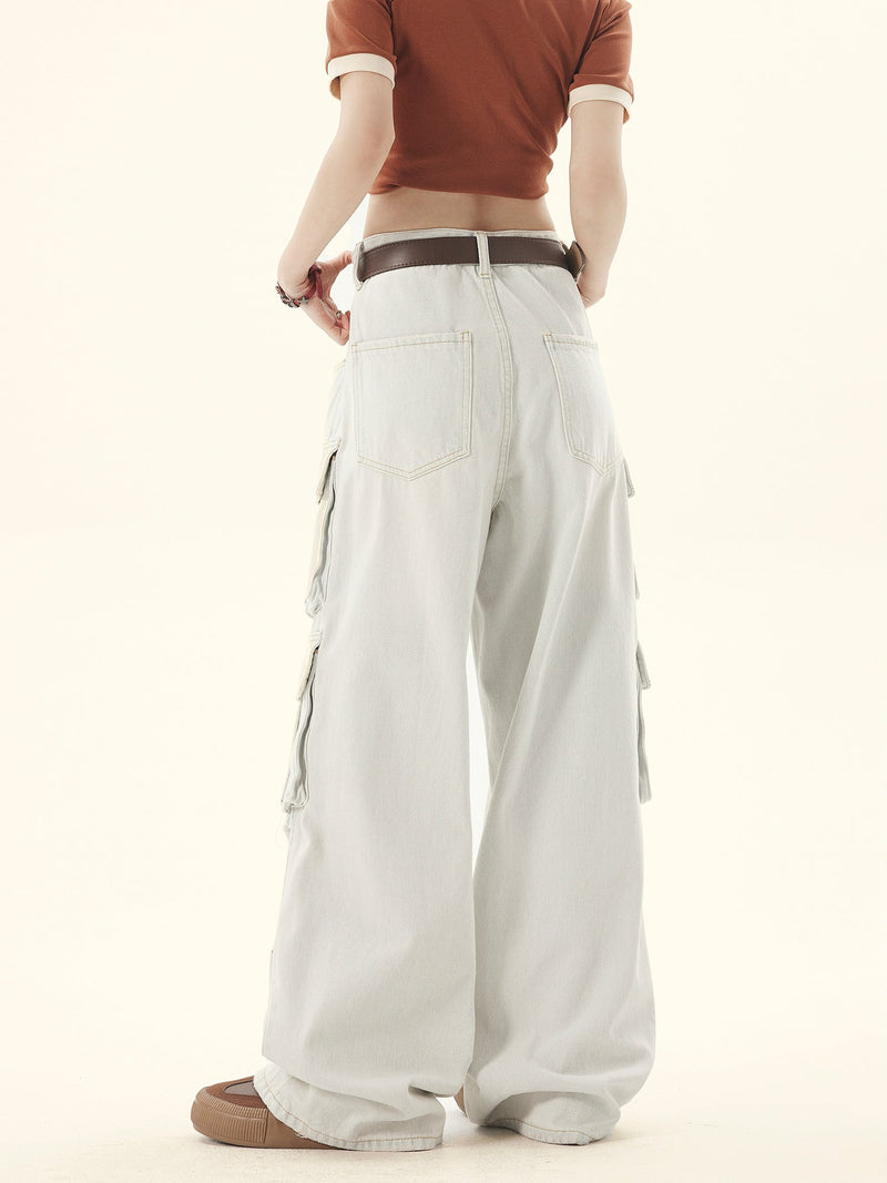 Light-washed Denim Wide-leg Cargo Pants