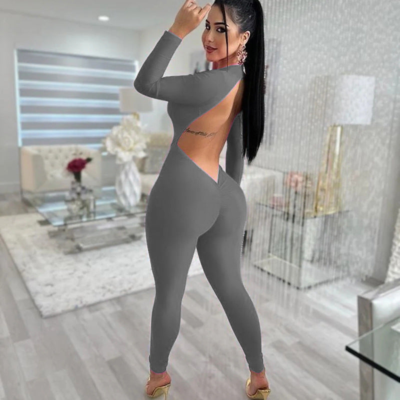 Autumn Deep V Plunge Neck Long Sleeved Leggings Backless Tight Jumpsuit