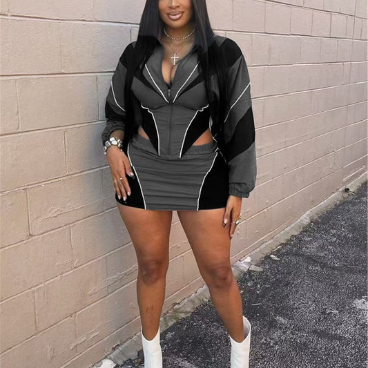 Autumn Sports Loose Contrast Color Long Sleeve Coat Skirt Outfit